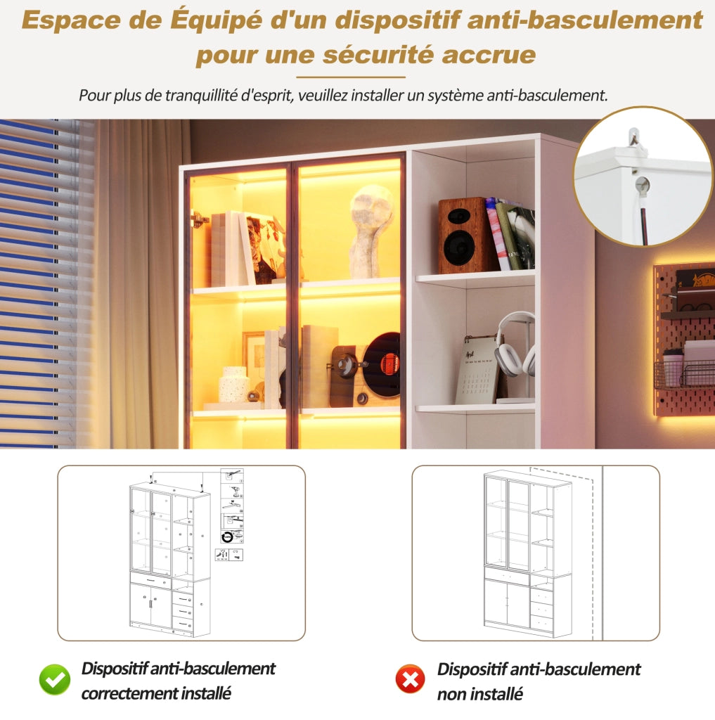 Vetrina alta con LED e 4 cassetti 120x35x200 cm; bianco; in truciolare con vetro temperato
