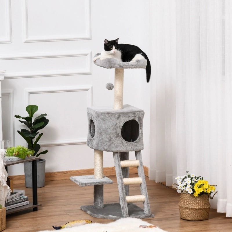 Tiragraffi per gatti da 120 cm con grotta, pallina, pali in sisal, piattaforma, scaletta, tiragraffi multilivello, albero per arrampicarsi per gatti,