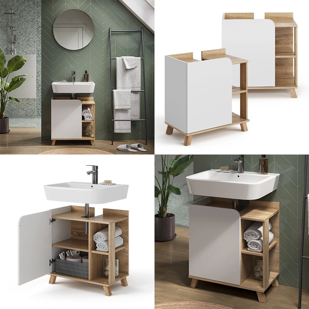 Vicco Mobile sottolavabo per bagno Sonoma/Bianco 60 x 65 cm con anta e vani a giorno