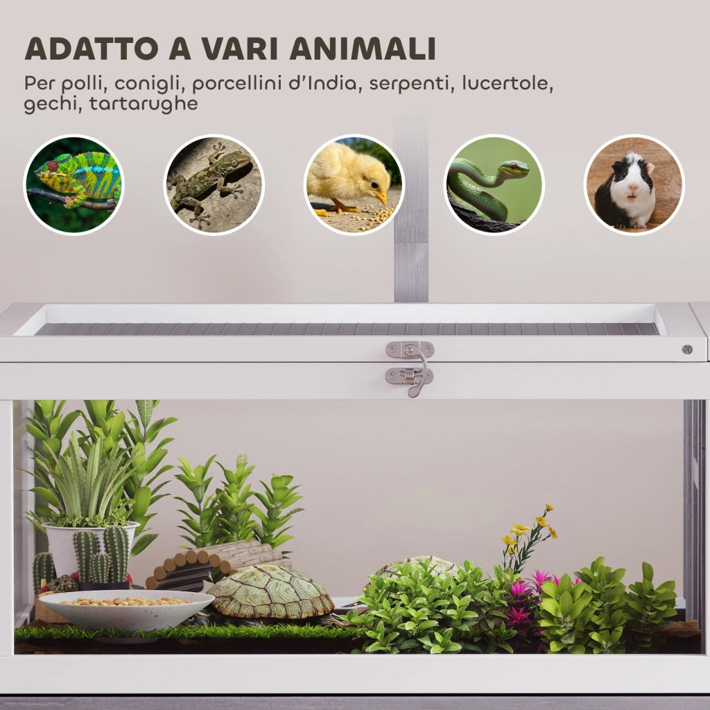 Casetta Tartarughe Rialzata ¨C Minimal ¨C Legno e Plastica, Grigio e Bianco, 104x53x82 cm