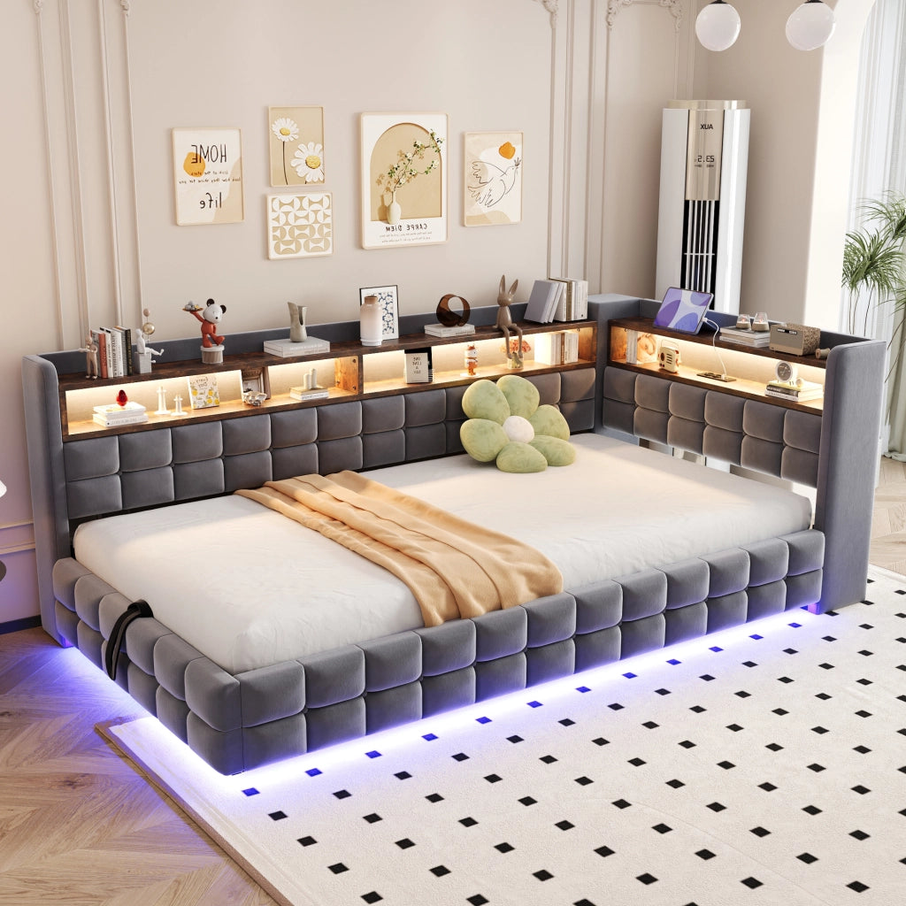 Letto divano contenitore 90 × 200 cm con illuminazione LED, prese USB e Type-C, contenitore idraulico, senza materasso, grigio