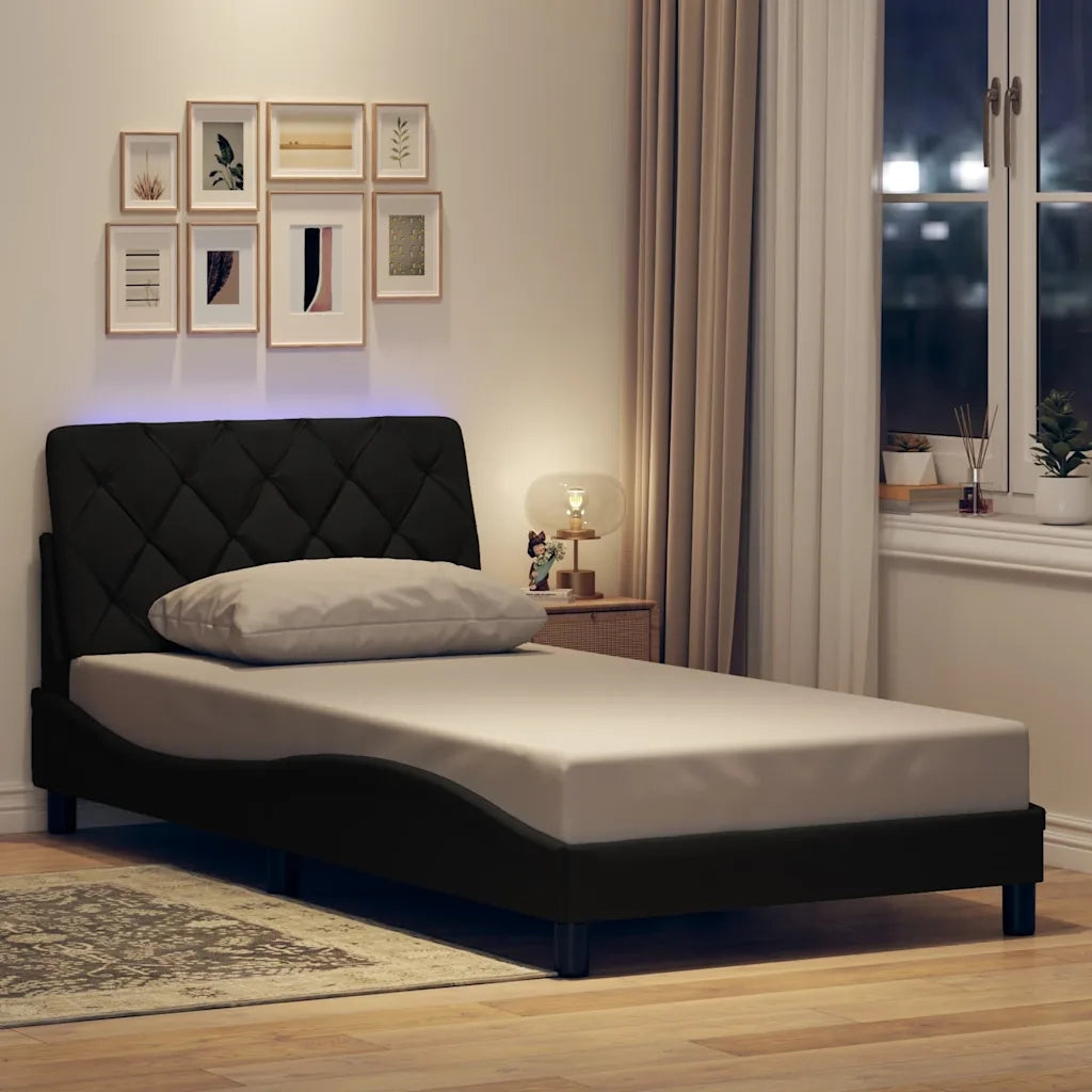 Letto singolo | Letto per adulti | Giroletto con LED senza Materasso Nero 100x200 cm in Tessuto