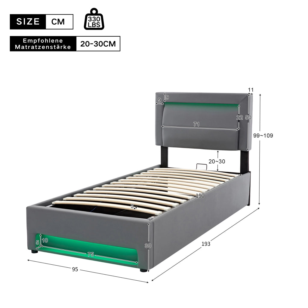 LETTO Imbottito 160x190 cm PU Grigio con USB, LED e contenitore