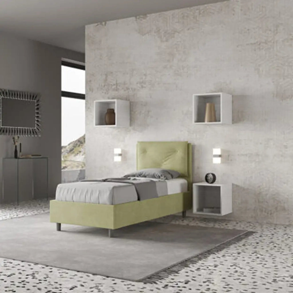 Letto singolo contenitore imbottito 80x190 microfibra tè verde Appia