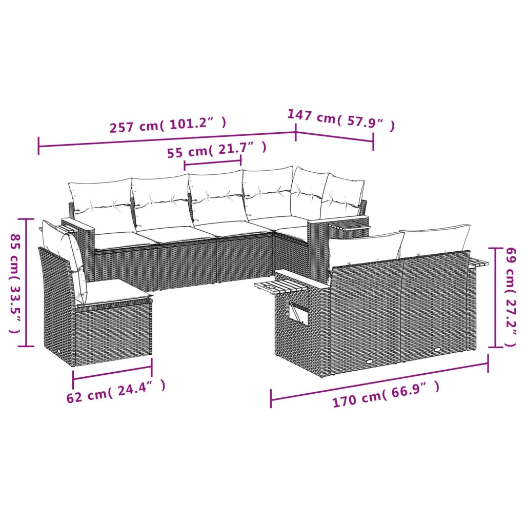 Set Divano da Giardino 8 pz con Cuscini Grigio in Polyrattan