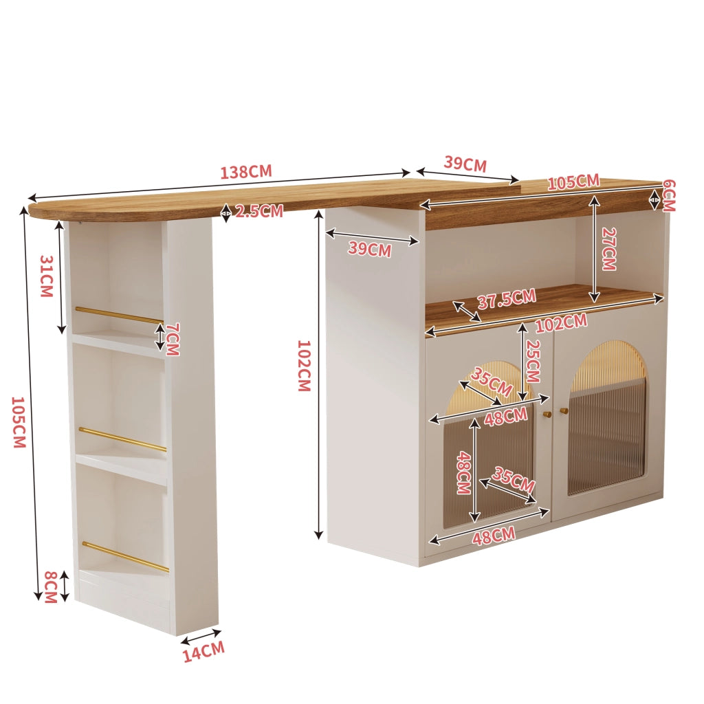 Bar tavolo allungabile girevole con LED e vano contenitore, bianco, 138-193 x 39 x 105 cm