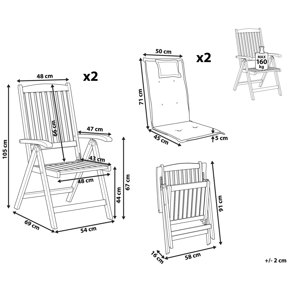 Set di 2 sedie da giardino in legno di acacia grigio cuscino regolabile pieghevole per esterni in stile rustico country