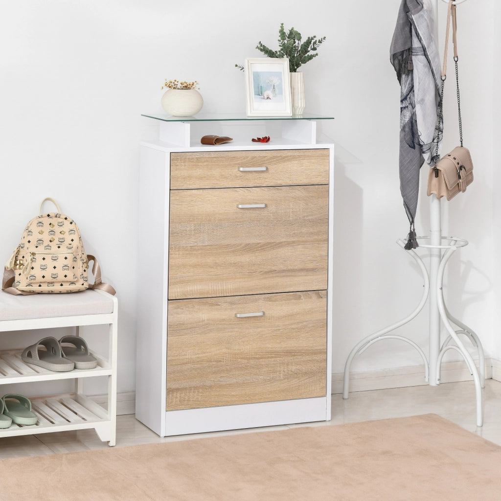 Armadio per Scarpe con 2 Ante Battenti, Cassetto e Piano in Vetro ¨C Minimal ¨C Legno Rovere Bianco 60x35x100
