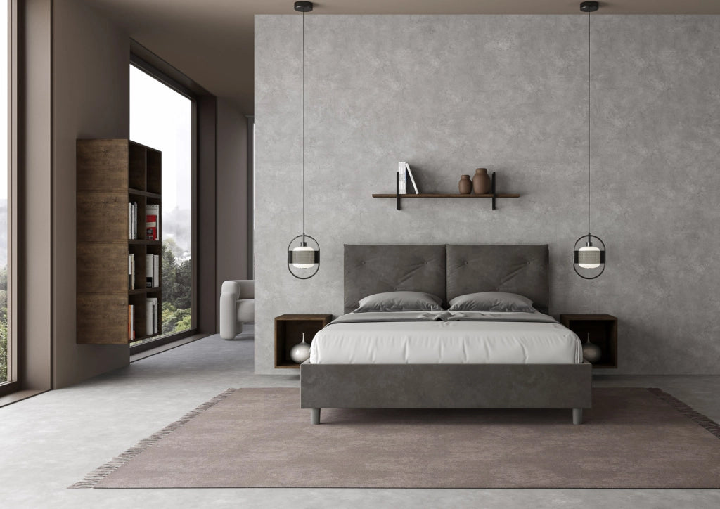 BS COM Letto queen size senza rete imbottito 150x190 microfibra grigio Large