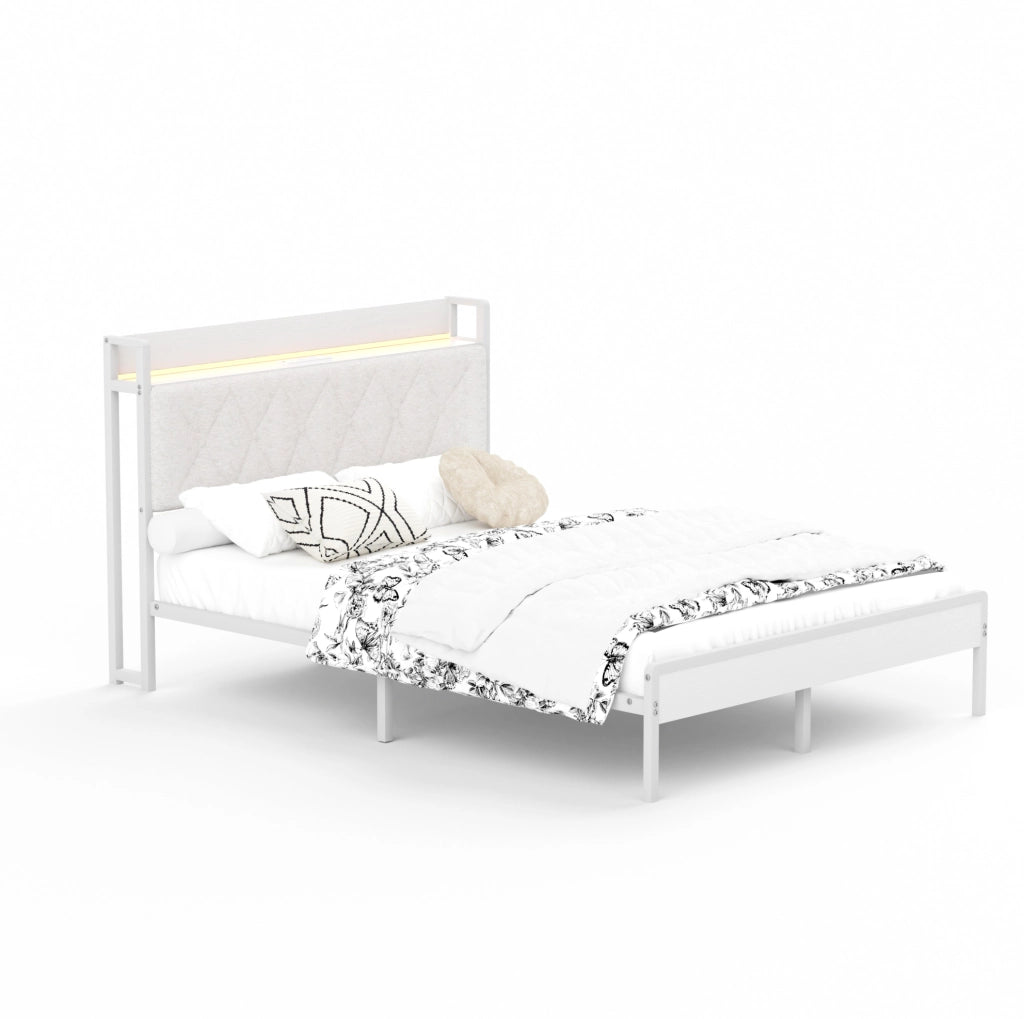 Letto matrimoniale imbottito 140x190 cm con LED, USB e spazio sottostante