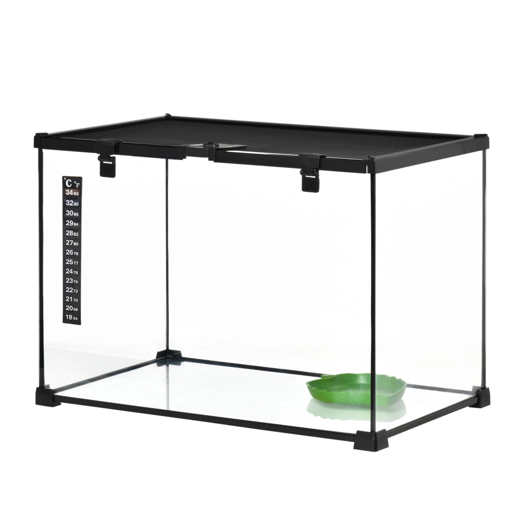 Terrario per Rettili Rialzato ¨C Xylo ¨C Vetro e Rete Metallica con Serratura e Termometro, 50x30x35 cm, Nero