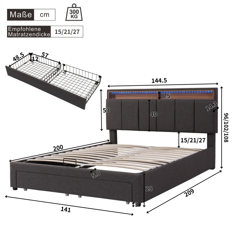 Letto adulto 140×200 cm con contenitore; LED; letto matrimoniale; senza materasso; in lino grigio