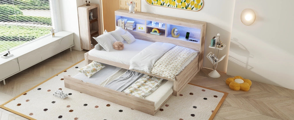 DIVANO LETTO Estraibile 90x200 cm Natur con prese USB e luce ambientale