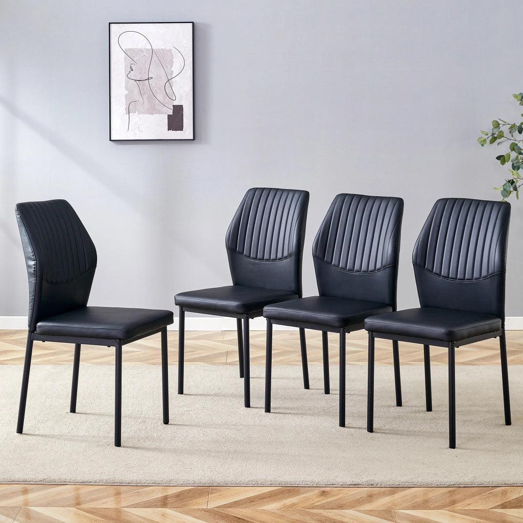 [Set di 4] Sedie da pranzo dallo stile lussuoso e leggero: schienale in PU nero con goffratura verticale + gambe in metallo nero. Adatte a sale da pra