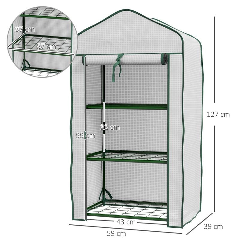 MINI SERRA DA GIARDINO CON COPERTURA IN PE, 3 RIPIANI E PORTA AVVOLGIBILE, 59X39X127CM, BIANCO
