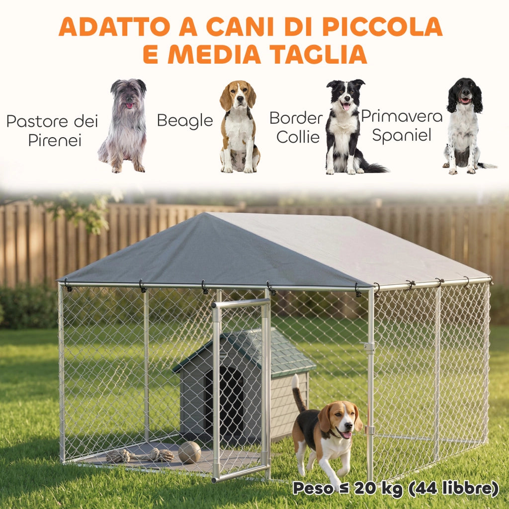 Recinto per Cani da Esterno in Acciaio Zincato con Tetto in PE ¨C Zephmum ¨C Argento