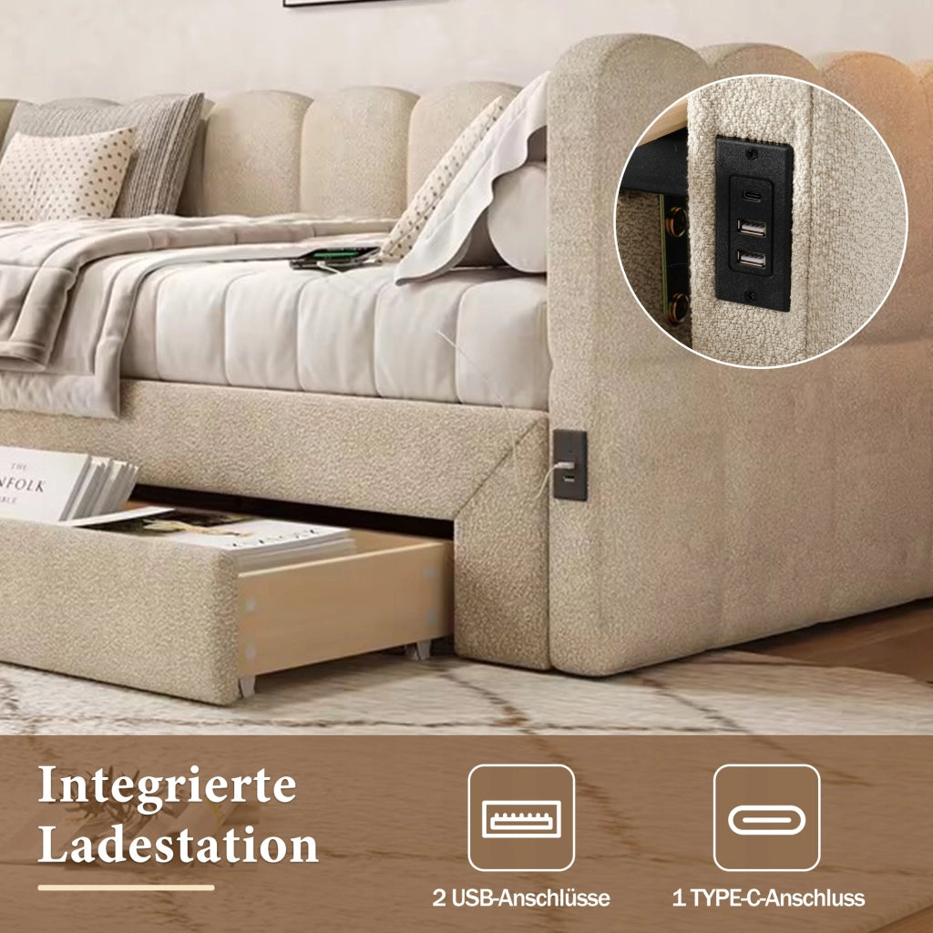Letto imbottito estensibile - Xylo - 90x190 - Beige - 2 cassetti
