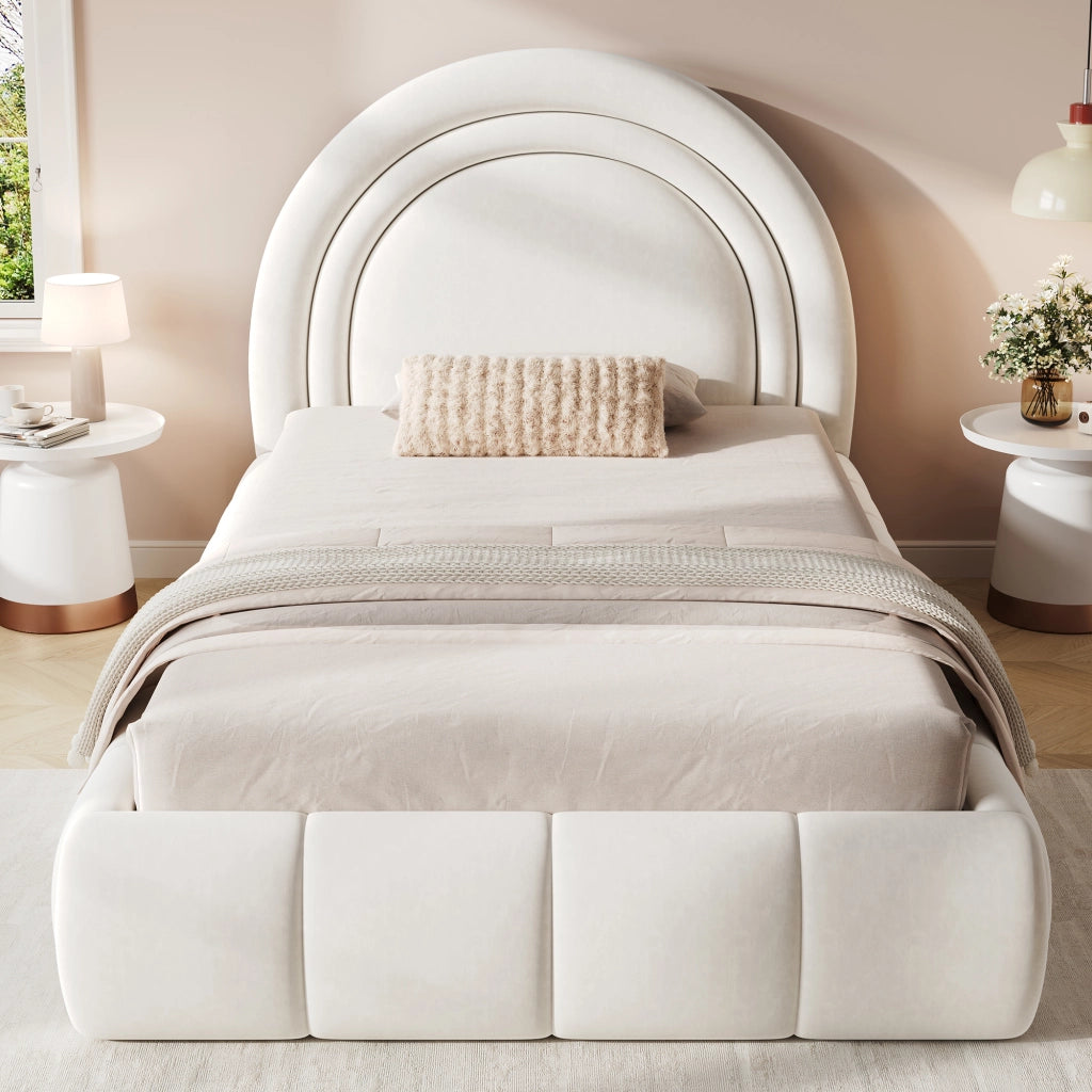 Letto contenitore per bambini 90×200 cm; letto singolo con apertura idraulica e testiera imbottita; senza materasso; beige