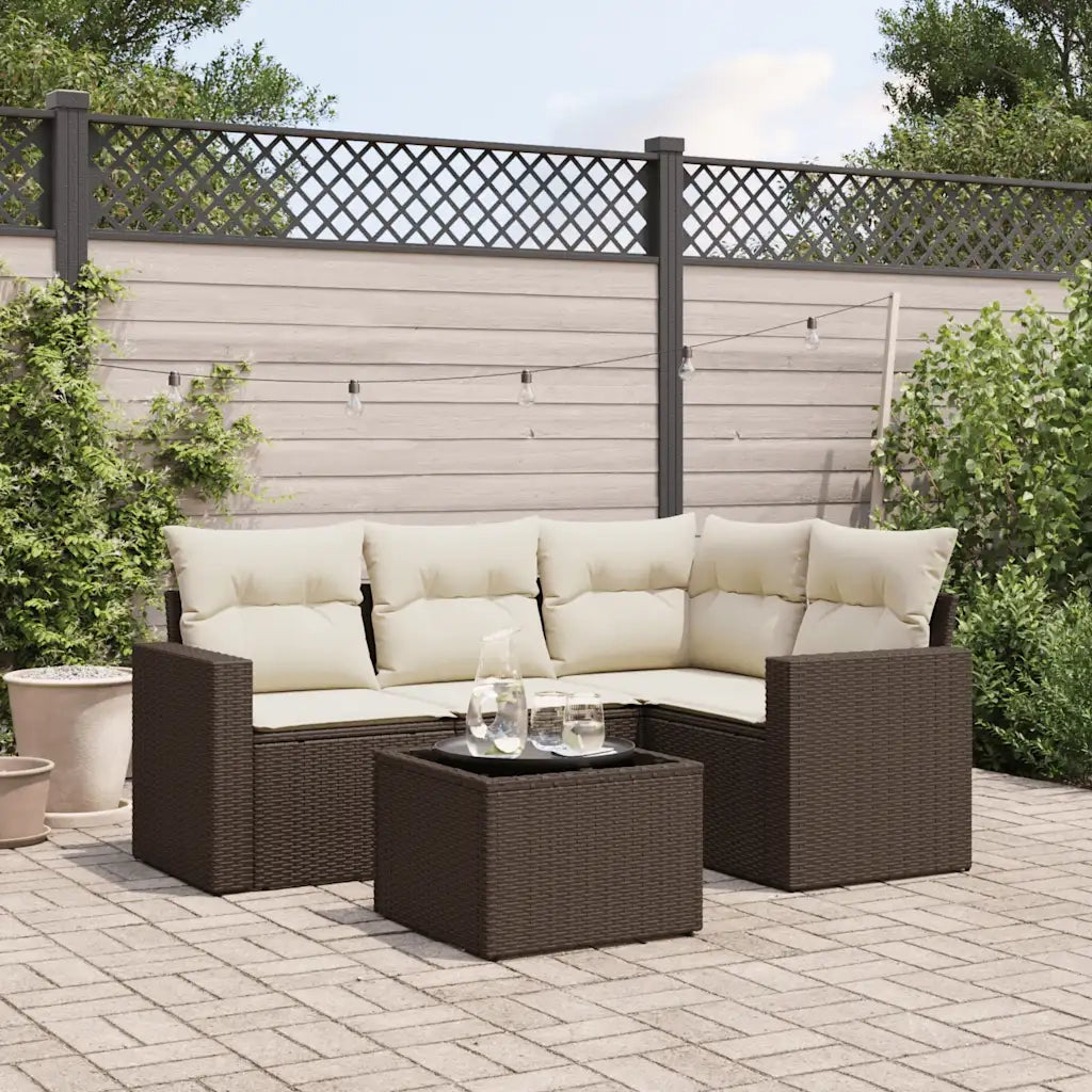 Set Divano da Giardino 5 pz con Cuscini Marrone in Polyrattan