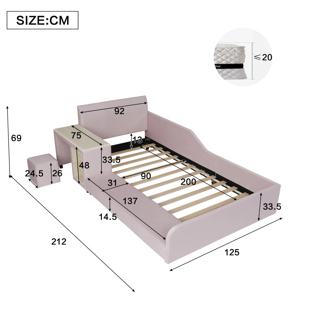 LETTO singolo 90x200 cm in velluto rosa con scrivania, sgabello e ripiano