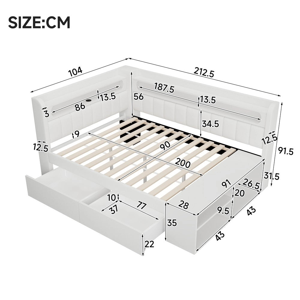 Letto Singolo Imbottito con Contenitore, USB, LED e Scarpiera ¨C Xylo ¨C Bianco 90x200