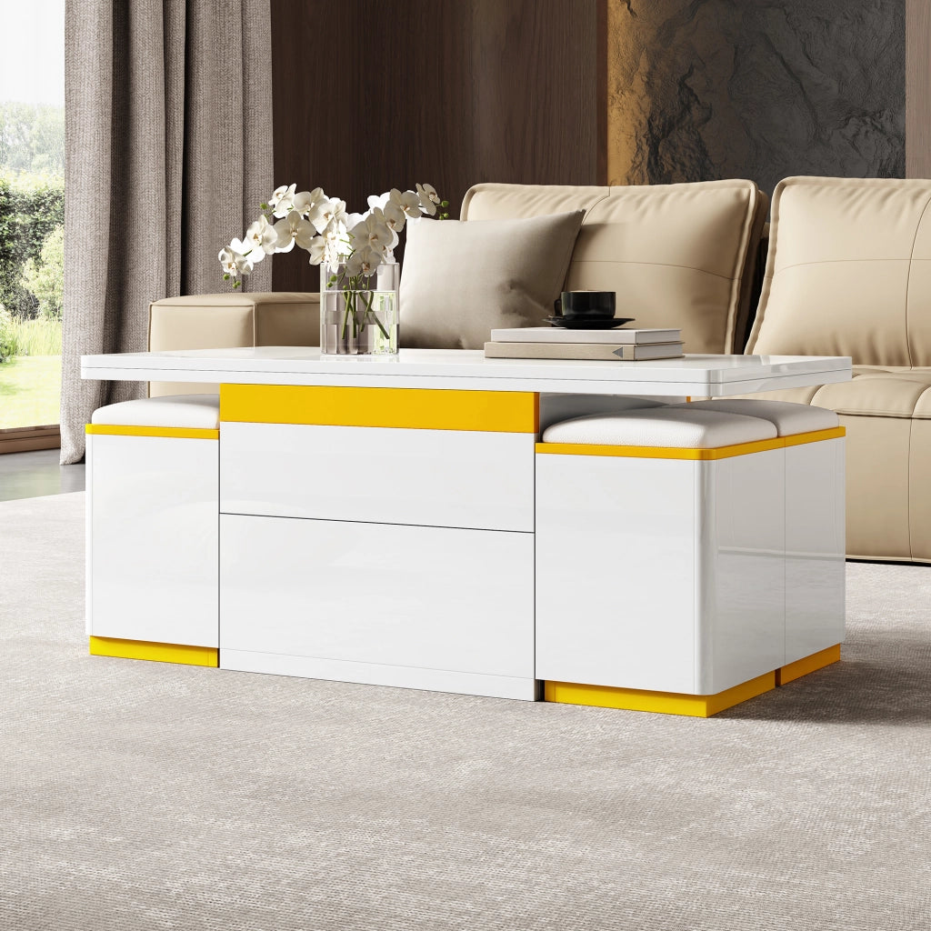 Tavolino da salotto alzabile con piano apribile, 1 cassetto, vani aperti e 4 sgabelli, bianco, 100 × 50 × 43 cm