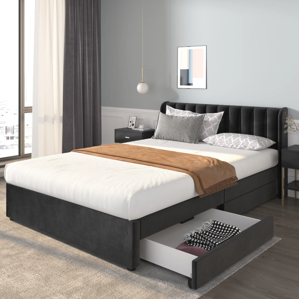 LETTO con rete a doghe e cassetti 140x200 cm in velluto nero