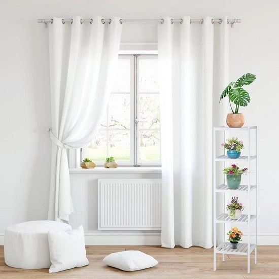 Scaffale per bagno a 5 livelli in bambù, alto, stretto, bianco, 1395 x 345 x 33 cm, mobile per cucina in legno