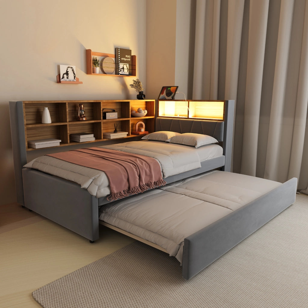 Divano letto multifunzione con letto estraibile 90x200 cm; LED; USB; Type-C; grigio scuro
