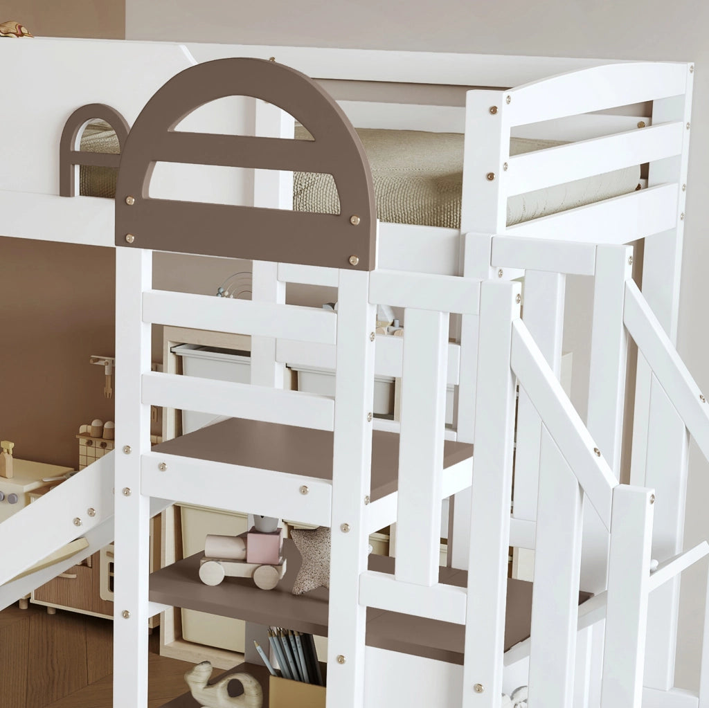 Letto a castello con scivolo, finestra decorativa e scala contenitore