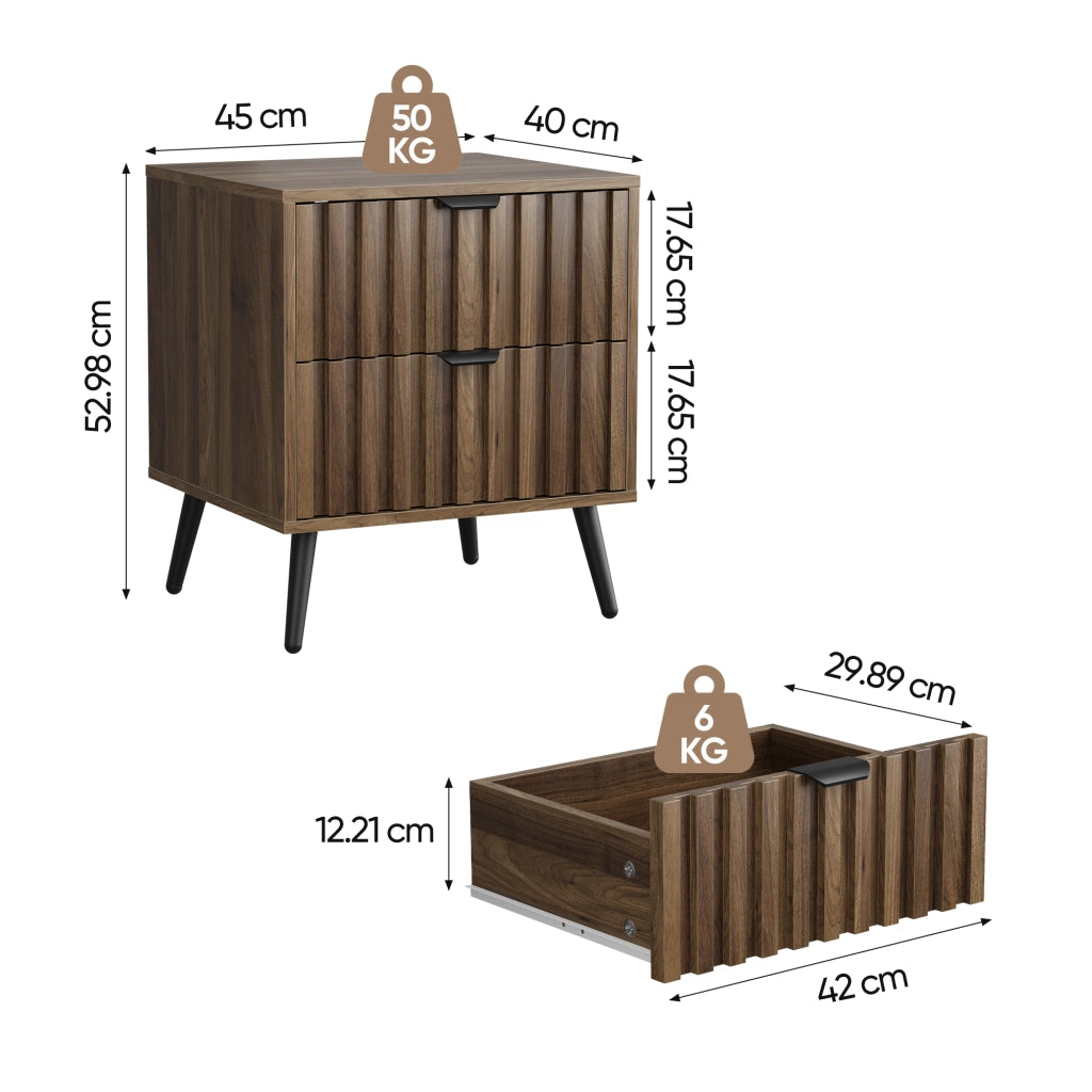 Comodino con 2 cassetti e ripiano; design incassato - per camera da letto - in MDF - 45×40×53 cm - noce