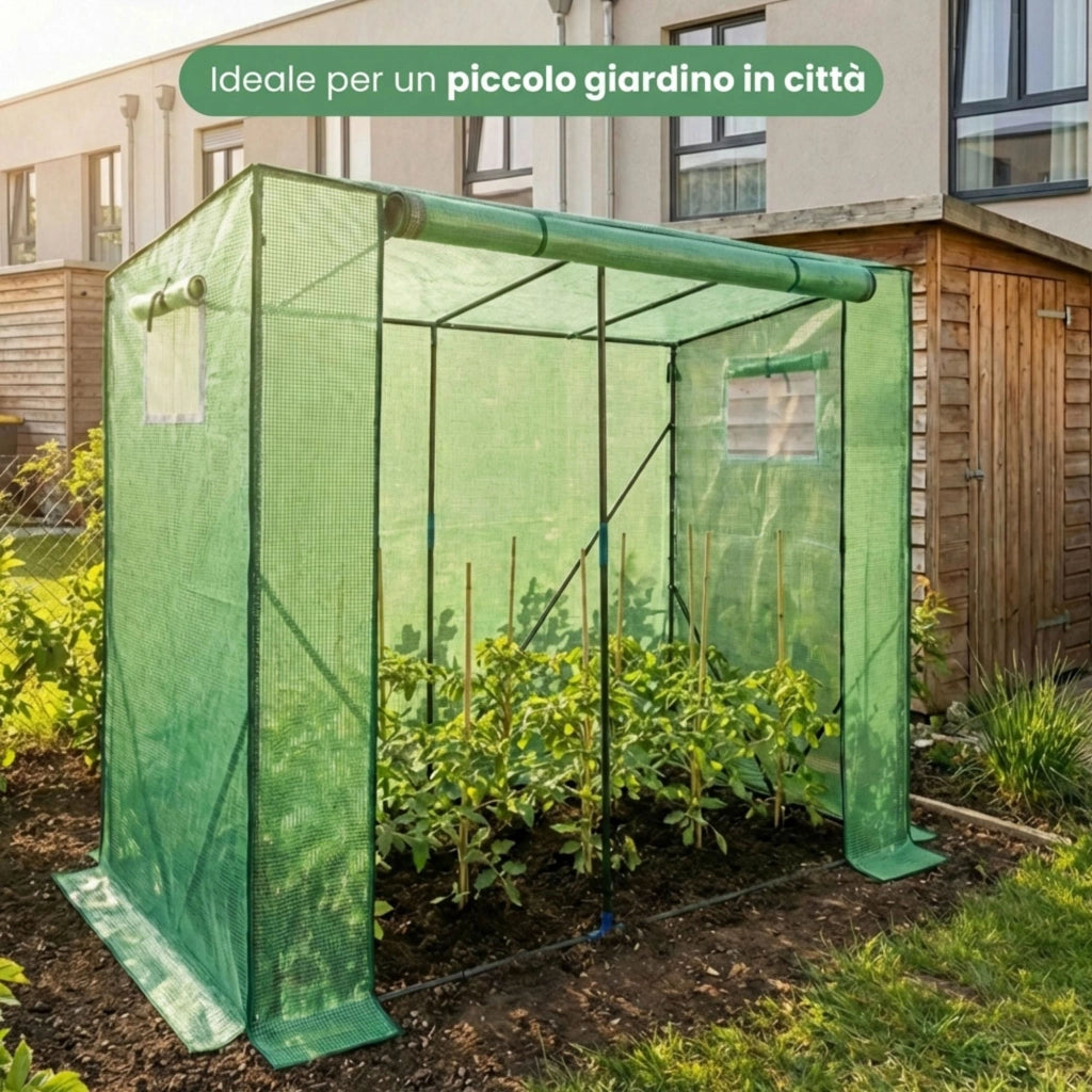 Serra da giardino a casetta con struttura in metallo e telo in PE 1 porta 2 finestre Verde 202x80x170 cm
