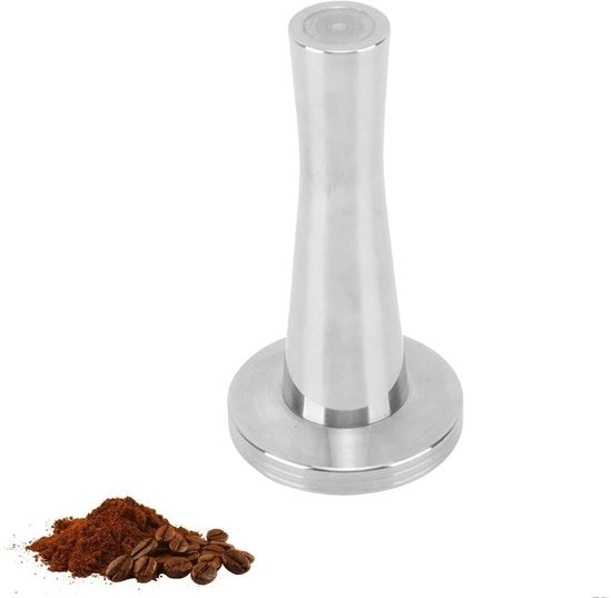 Caffettiera Piatto - Tamper per Caffè - Base Piana - Tamper per Caffè Riscaldabile - Modello 1234 - Materiale: Acciaio Inox - Dimensioni: 23 x 10 x 5 cm - Peso: 400g - Colore: Argento - Confezione: 1 pezzo - Garanzia: 2 anni