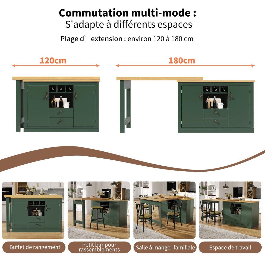 Tavolo Bar Allungabile con Funzione Girevole 360¡ã e Vano Contenitore ¨C Xylo ¨C Verde Scuro, 120-180 cm