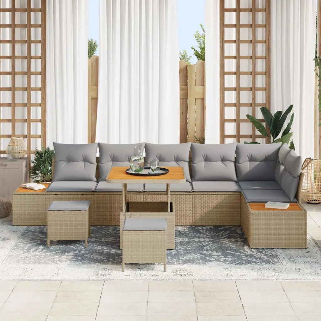 Set Divano da Giardino con cuscino 9 pcs Beige Poly Rattan