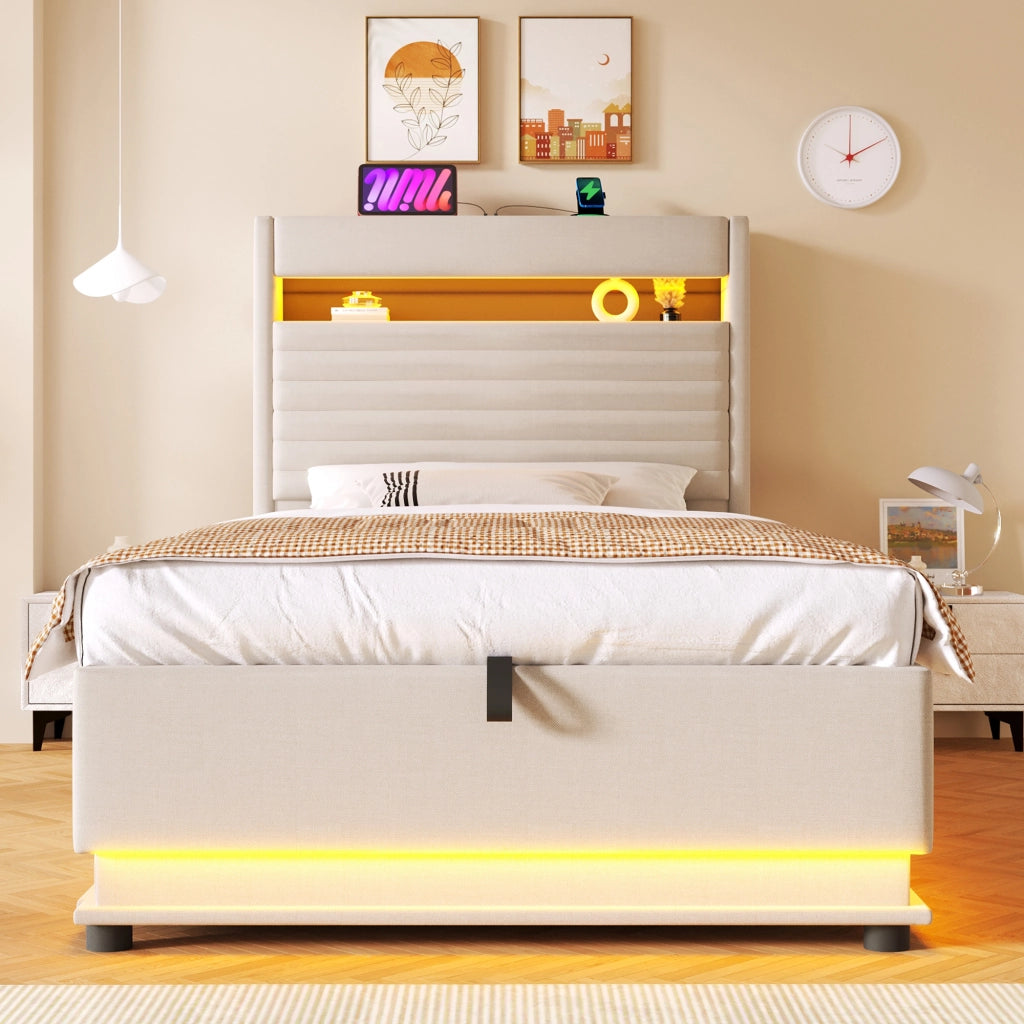 LETTO Contenitore 90x200 cm in lino beige con LED e USB Type-C