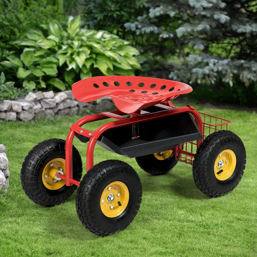Sgabello da giardino con ruote seduta regolabile in altezza e girevole a 360¡ã cestello, Sedile per giardinaggio Rosso-Attrezzi da giardino