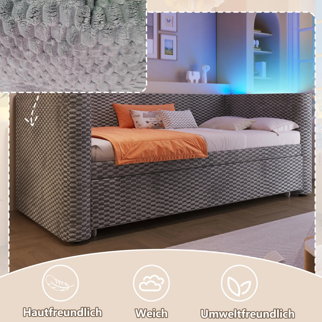 OKWISH Letto Estraibile 90×200 cm, Letto Singolo con LED Multicolore, si trasforma in 180×200 cm, senza Materasso, in Velluto, Grigio
