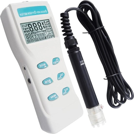 Dispositivo di misura della qualità dell'acqua con grande schermo LCD, rilevamento dell'ossigeno dissolto, funzione di memoria e funzione ATC.