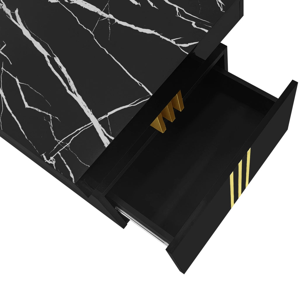 Tavolino da salotto moderno rettangolare 100x50x40 cm in truciolare nero; piano effetto marmo e 2 cassetti