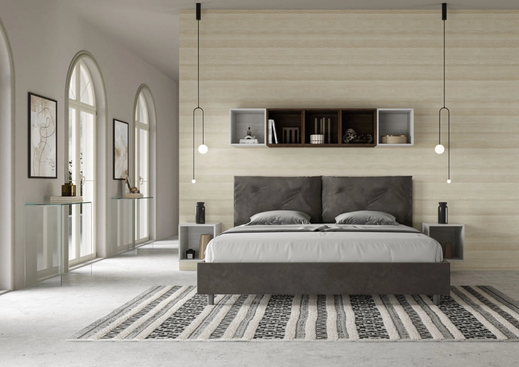 BS COM Letto matrimoniale king size con rete imbottito 200x200 microfibra grigio