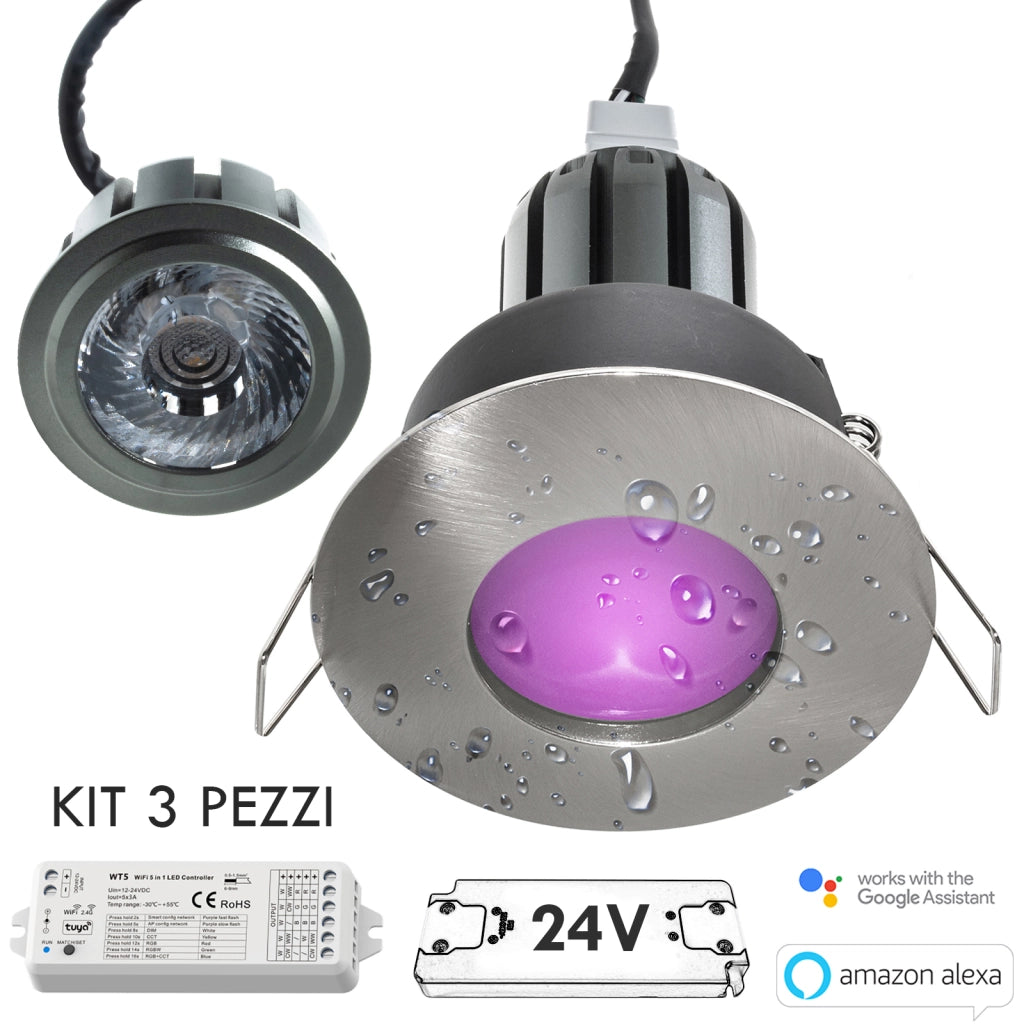 Faretto KIT SMART WiFi cromoterapia IP65 LED 6W multicolore 24V Alexa Google alimentatore RGBW 3000K SPAZZOLATO 3pz