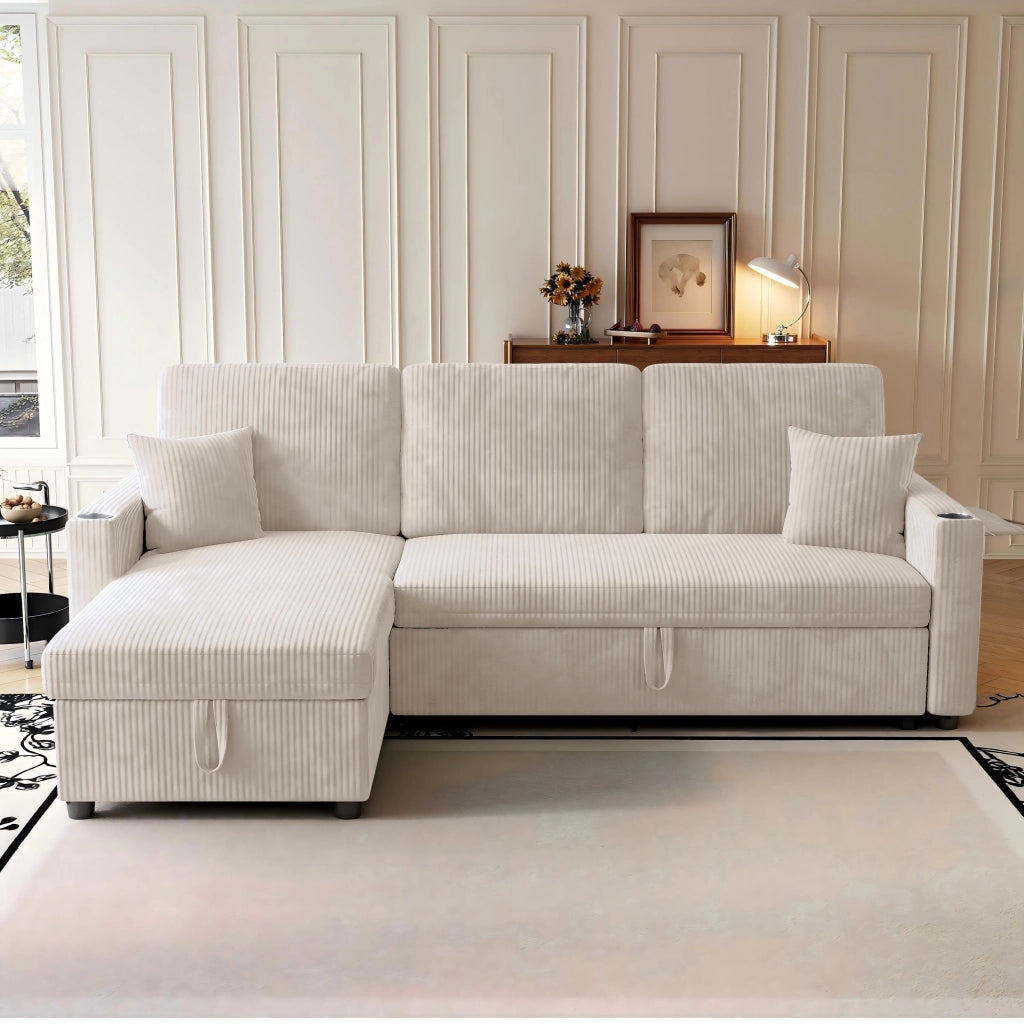 Divano angolare convertibile modulare con funzione letto; contenitore; USB e portabicchieri in velluto a coste beige