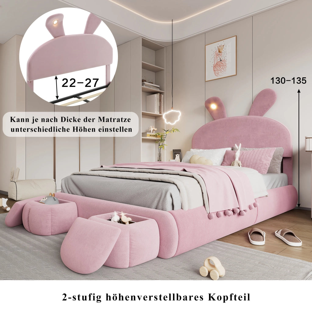 LETTO Imbottito idraulico 140x200 cm velluto rosa con contenitore e 2 pouf