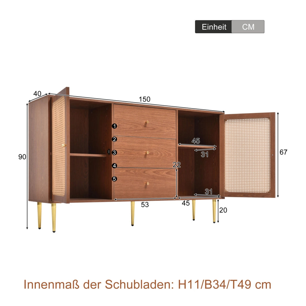 CREDENZA 2 ante e 3 cassetti 150x40x90 cm Noce