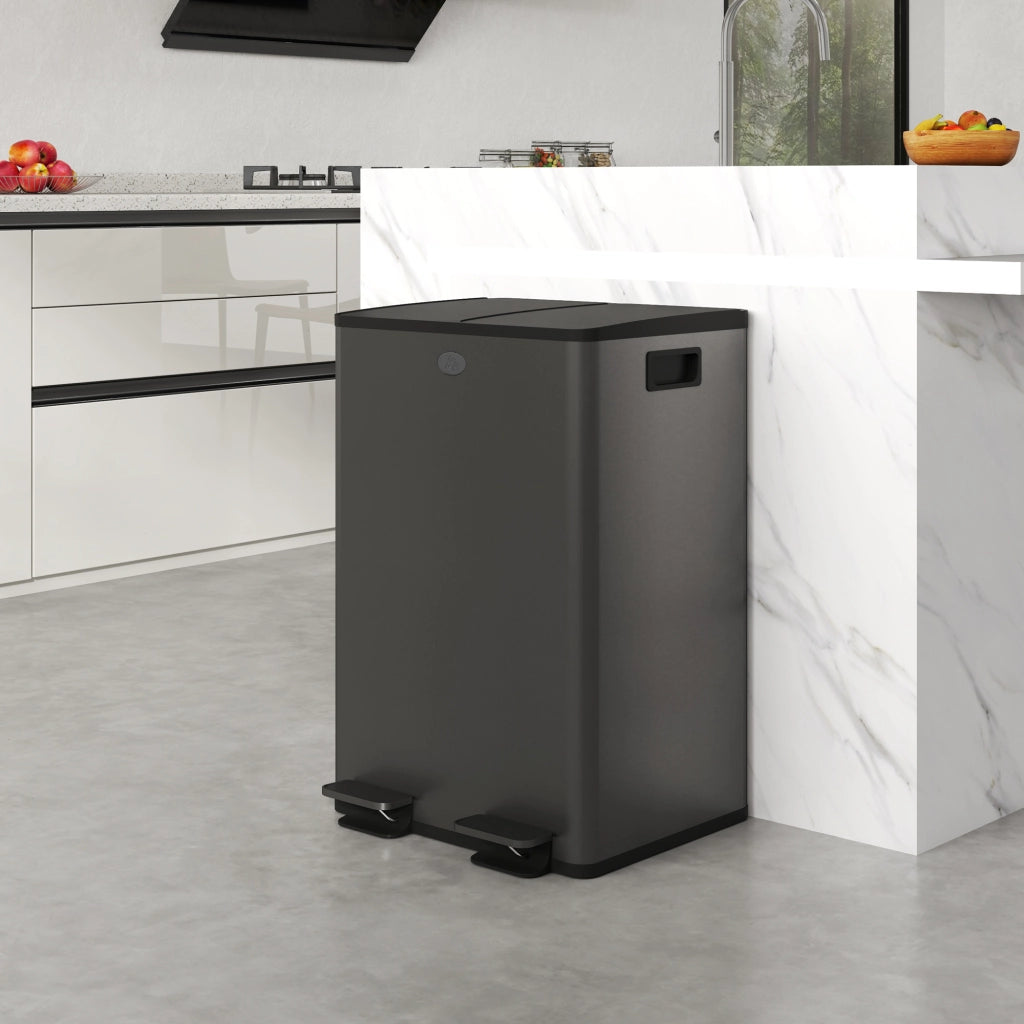 Pattumiera da Cucina 2 Scomparti ¨C Xylo ¨C 2x28L Acciaio Inox Nero Coperchio Soft-Close 45,8x36x67,6cm