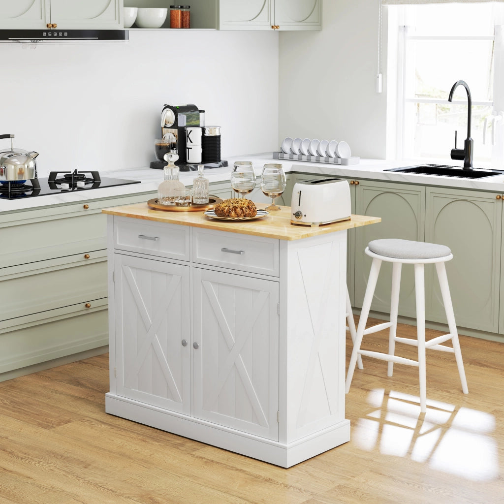 Carrello Cucina Isola con Piano Lavoro Pieghevole ¨C Xylo ¨C 2 Ante 2 Cassetti Ripiano 4 Ruote 105x60x90,5cm Bianco