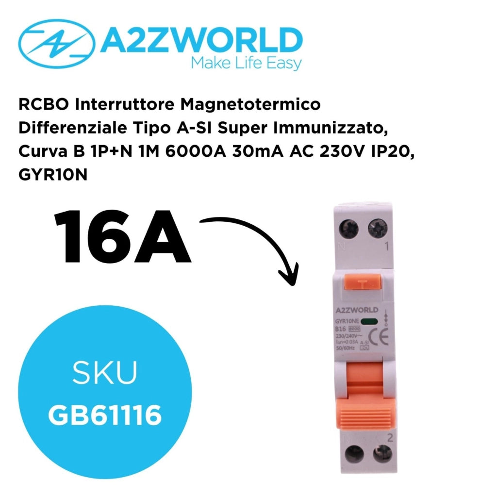 RCBO Interruttore Magnetotermico Differenziale Tipo A-SI Super Immunizzato, Curva B 1P+N 1M 6000A 30mA AC 230V IP20, GYR10N, Disponibili 6A 10A 16A 20A 25A 32A 40A (B16A)