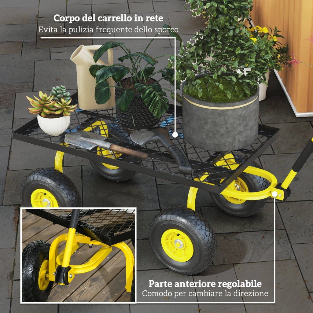 Carrello da Giardino in Acciaio con Capacit¨¤ 150 kg e Maniglia Rivestita, 94x48.5x100 cm, Giallo e Nero