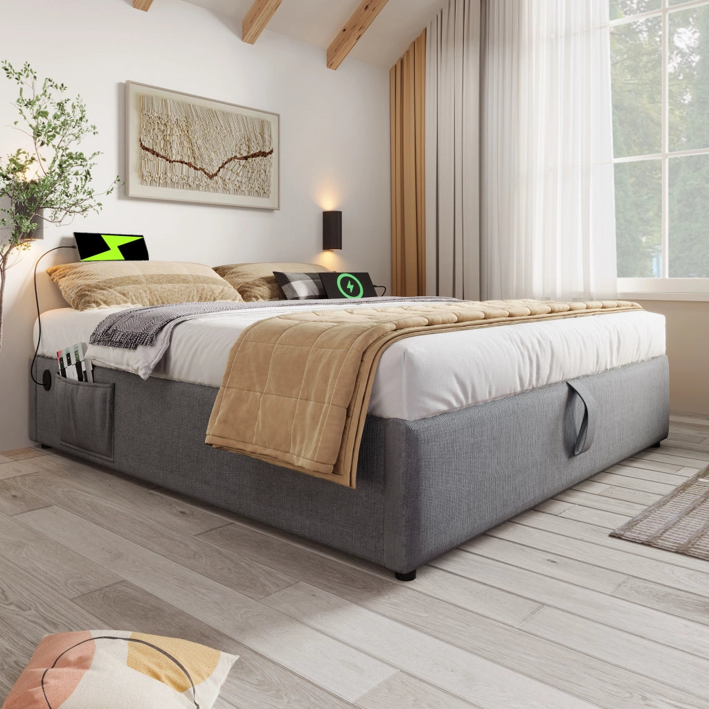 LETTO Contenitore 140x200 cm Grigio in lino con USB e Type-C